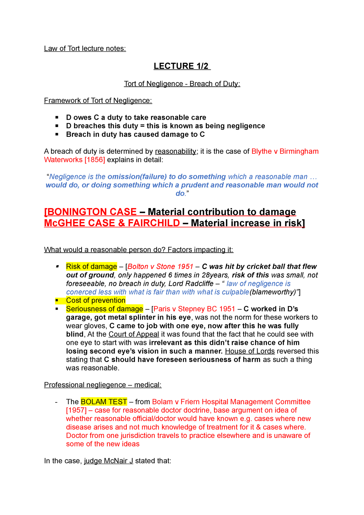 Law of Tort Lecture Notes - Law of Tort lecture notes: LECTURE 1/ Tort ...