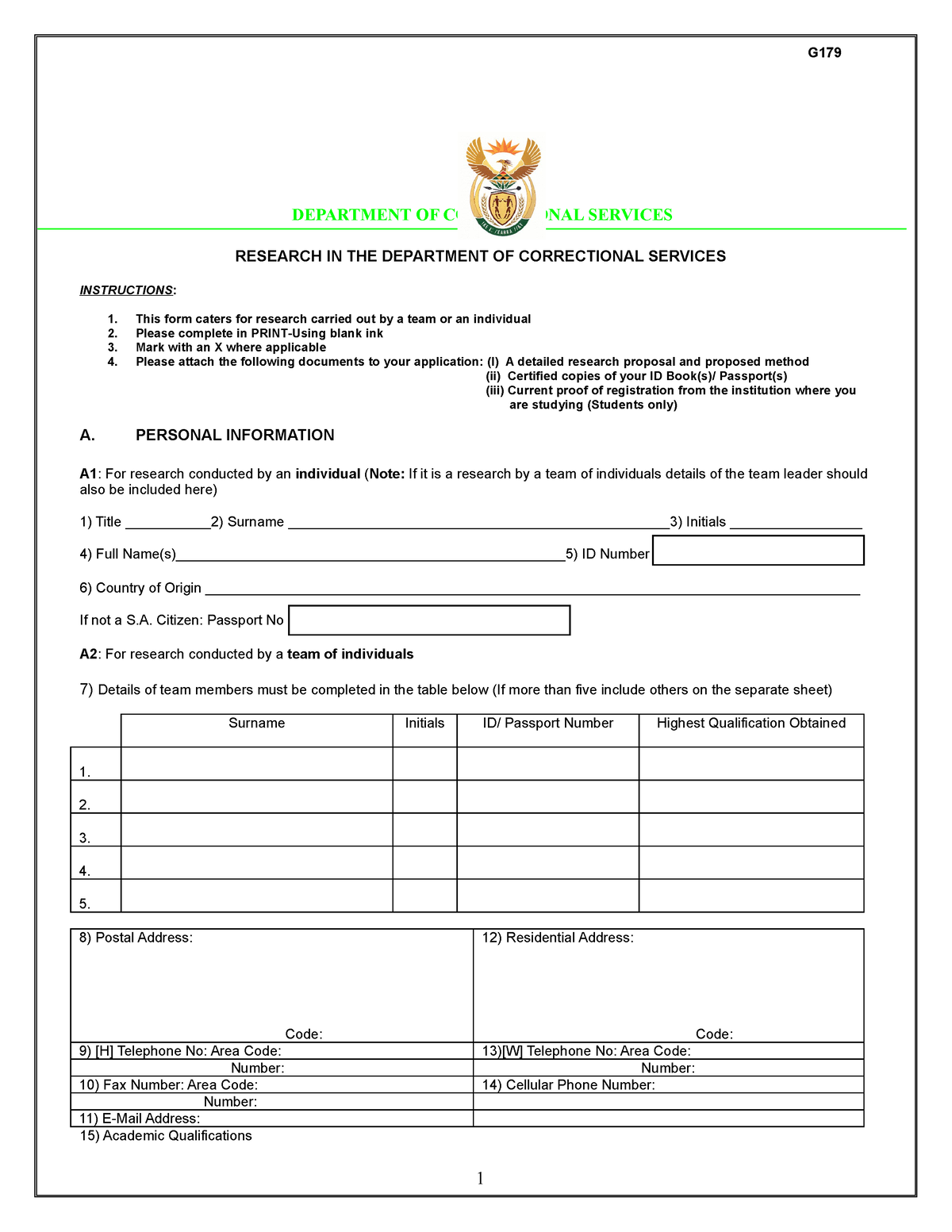 Application Form Department Of Correctional Services Research In The