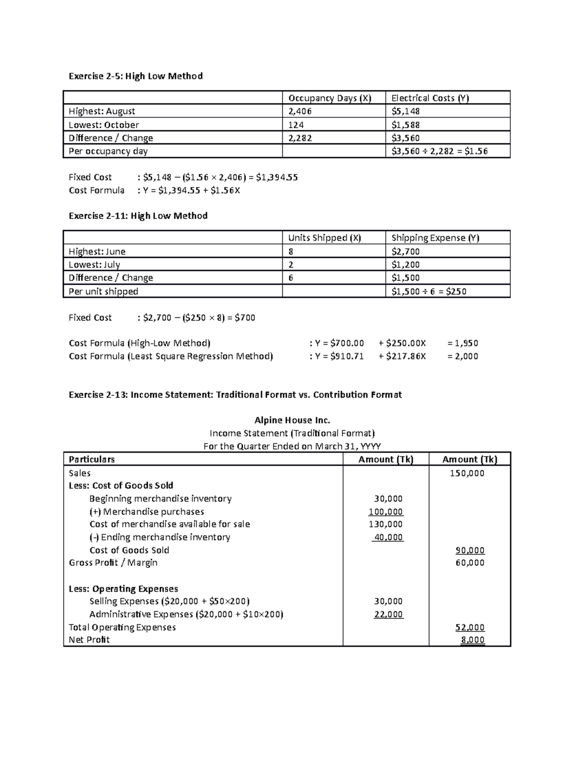 Exercise 2 - Tere - Exercise 2-5: High Low Method Occupancy Days (X ...