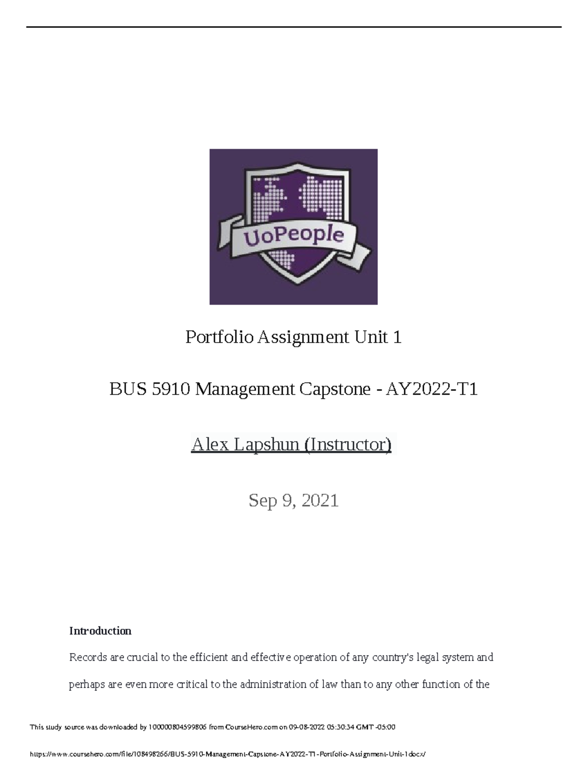 BUS 5910 Management Capstone AY2022 T1 Portfolio Assignment Unit 1 ...