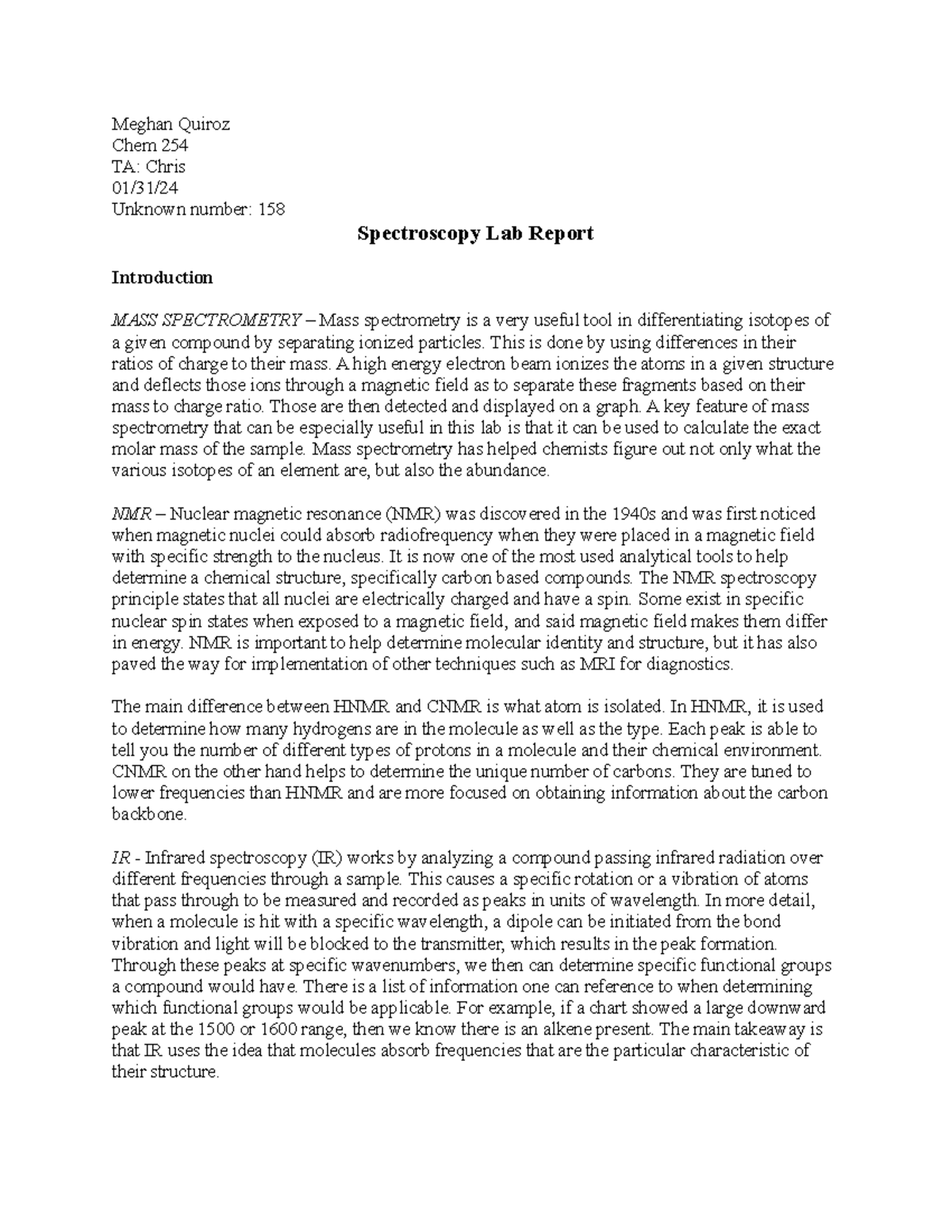 Lab report 1 Spectroscopy 013124 - Meghan Quiroz Chem 254 TA: Chris 01 ...