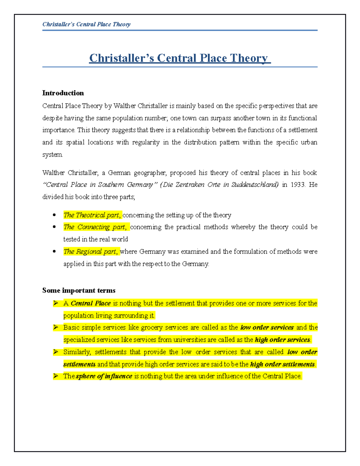 Central Place Theory Human Geography Example