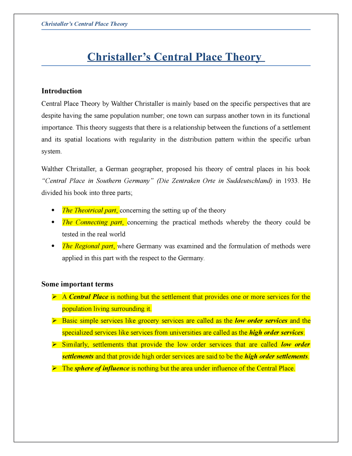 Central Place Theory Christaller s Central Place Theory Introduction 