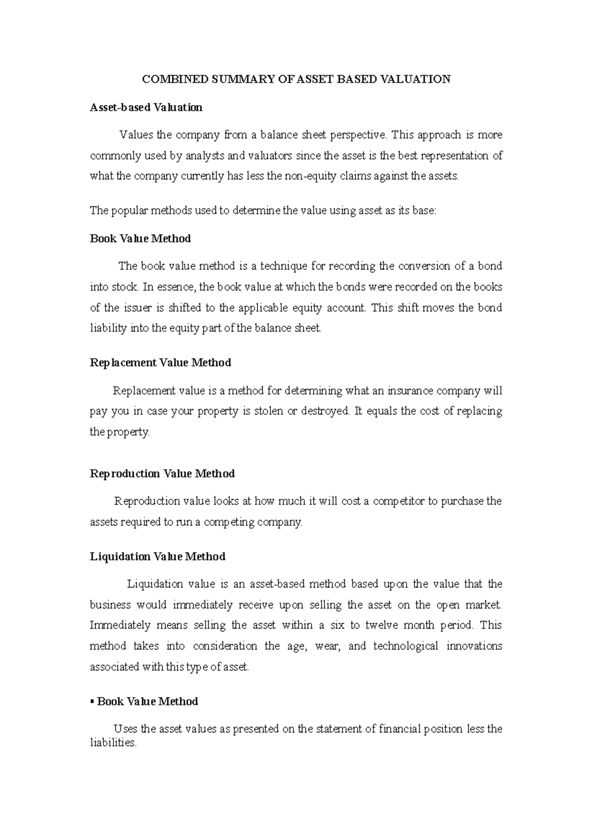 combined-summary-of-asset-based-valuation-combined-summary-of-asset