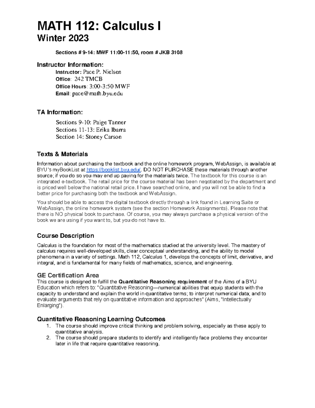 112 Syllabus - MATH 112: Calculus I Winter 2023 Sections # 9-14: MWF 11 ...