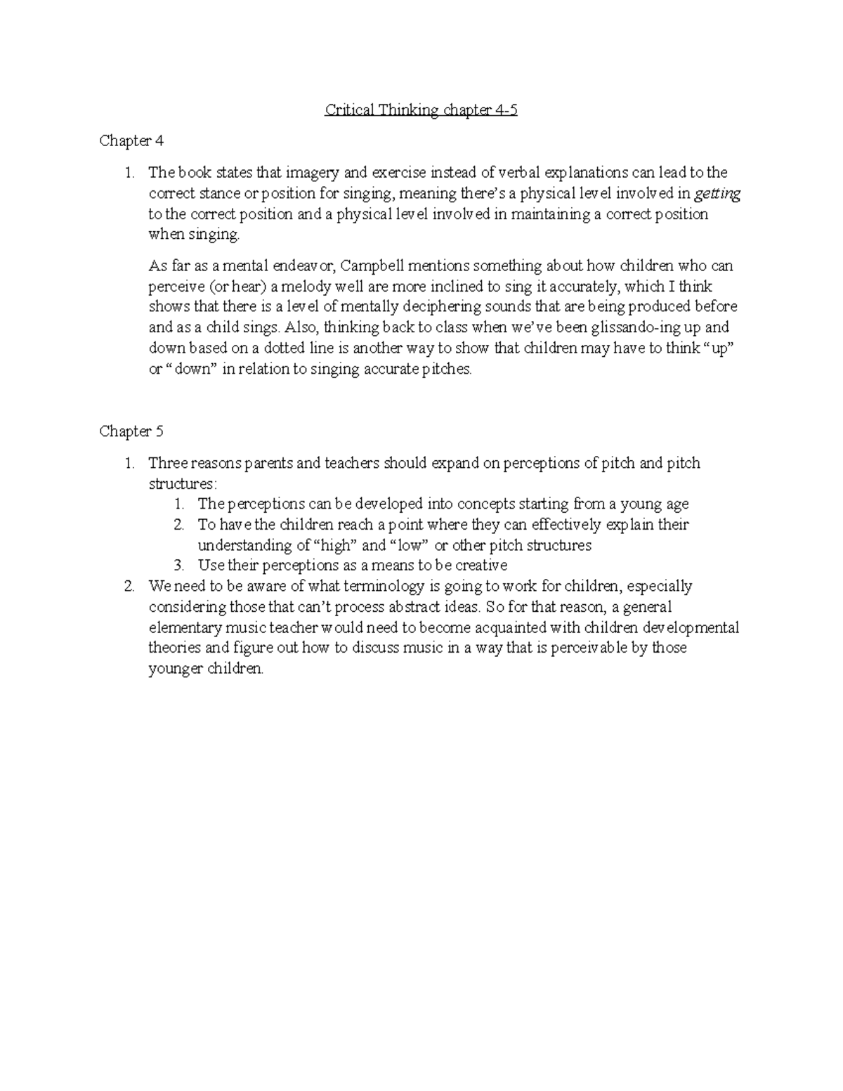 MUS 392 Critical Questions Ch4-5 - Critical Thinking chapter Chapter 4 ...