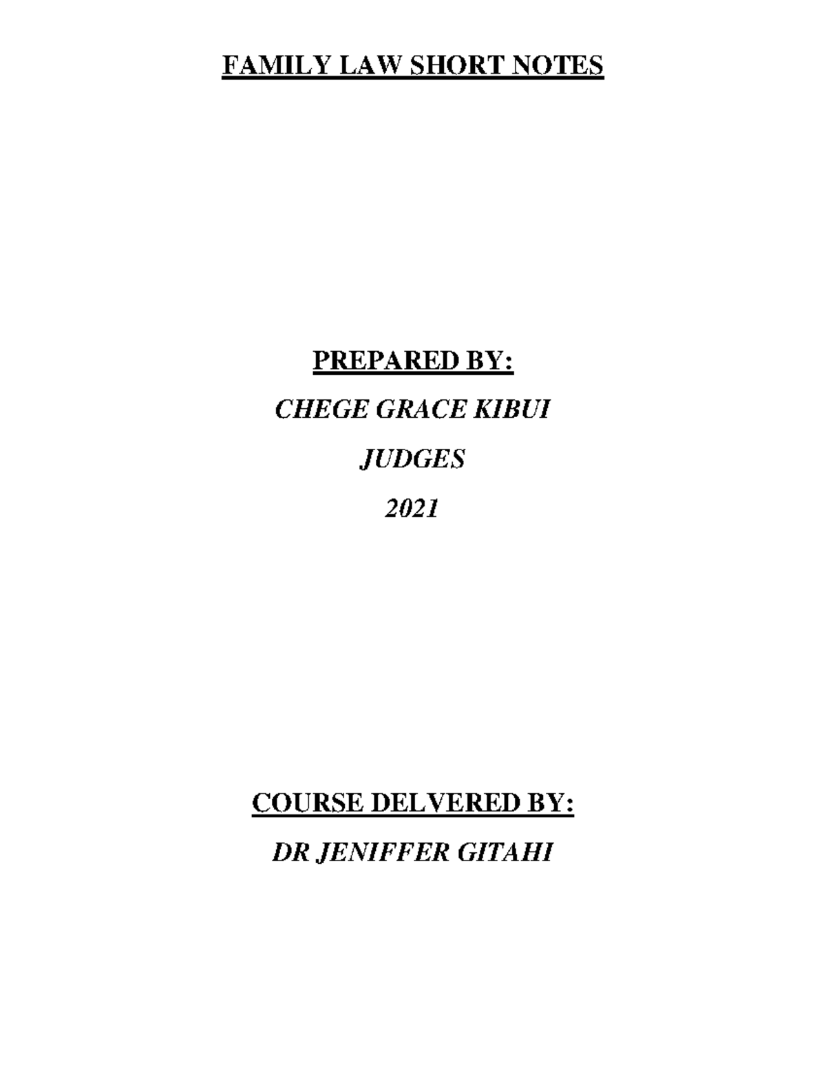 Chege Grace Kibui - Family LAW Short Notes - FAMILY LAW SHORT NOTES ...