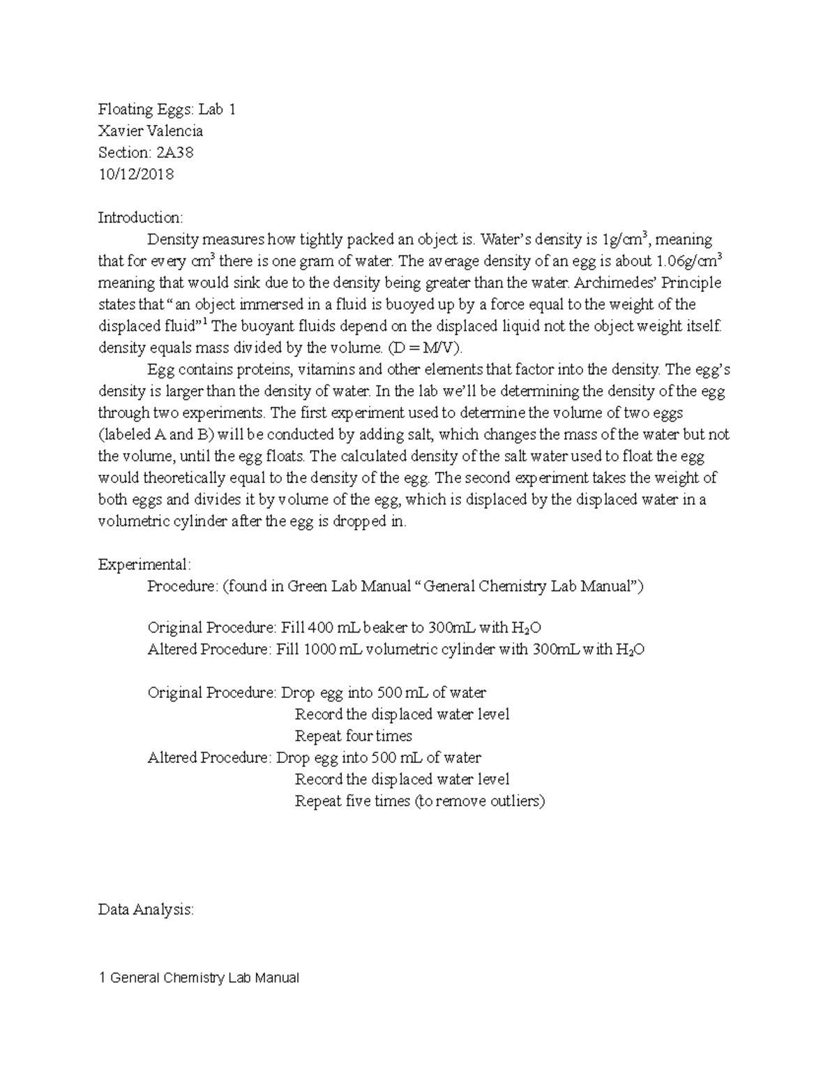 Lab 1 Floating Egg Lab First lab Floating Eggs Lab 1 Xavier