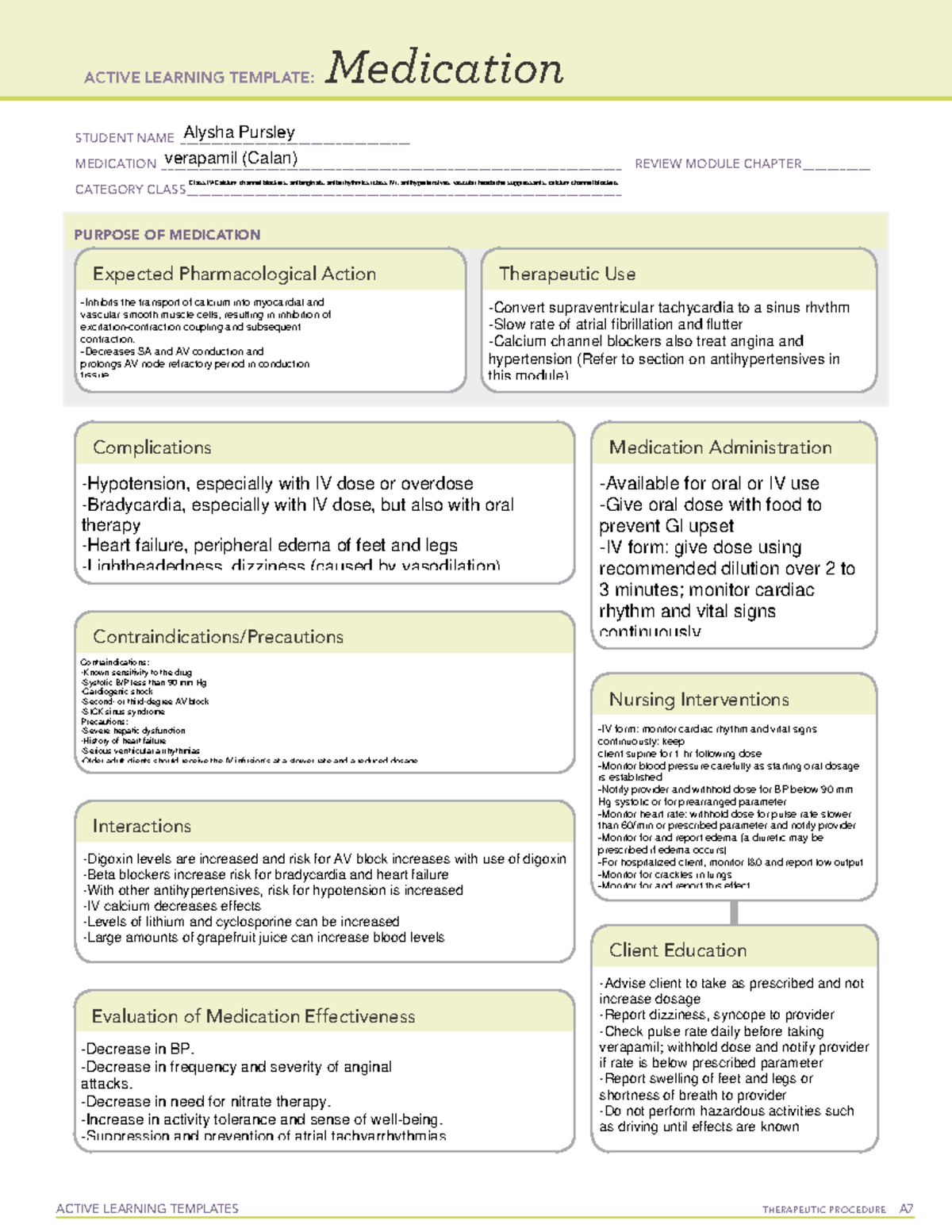 Cardiac Drugs-verapamil (Calan) - ACTIVE LEARNING TEMPLATES THERAPEUTIC ...