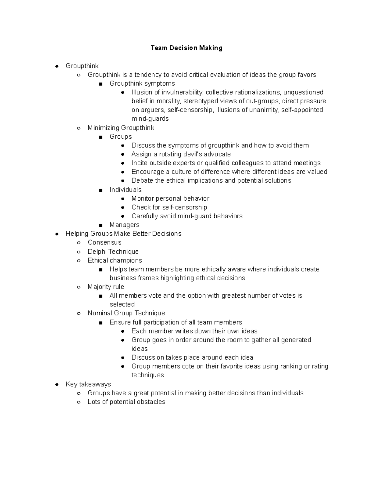 Team Decision Making Notes - Team Decision Making Groupthink Groupthink ...