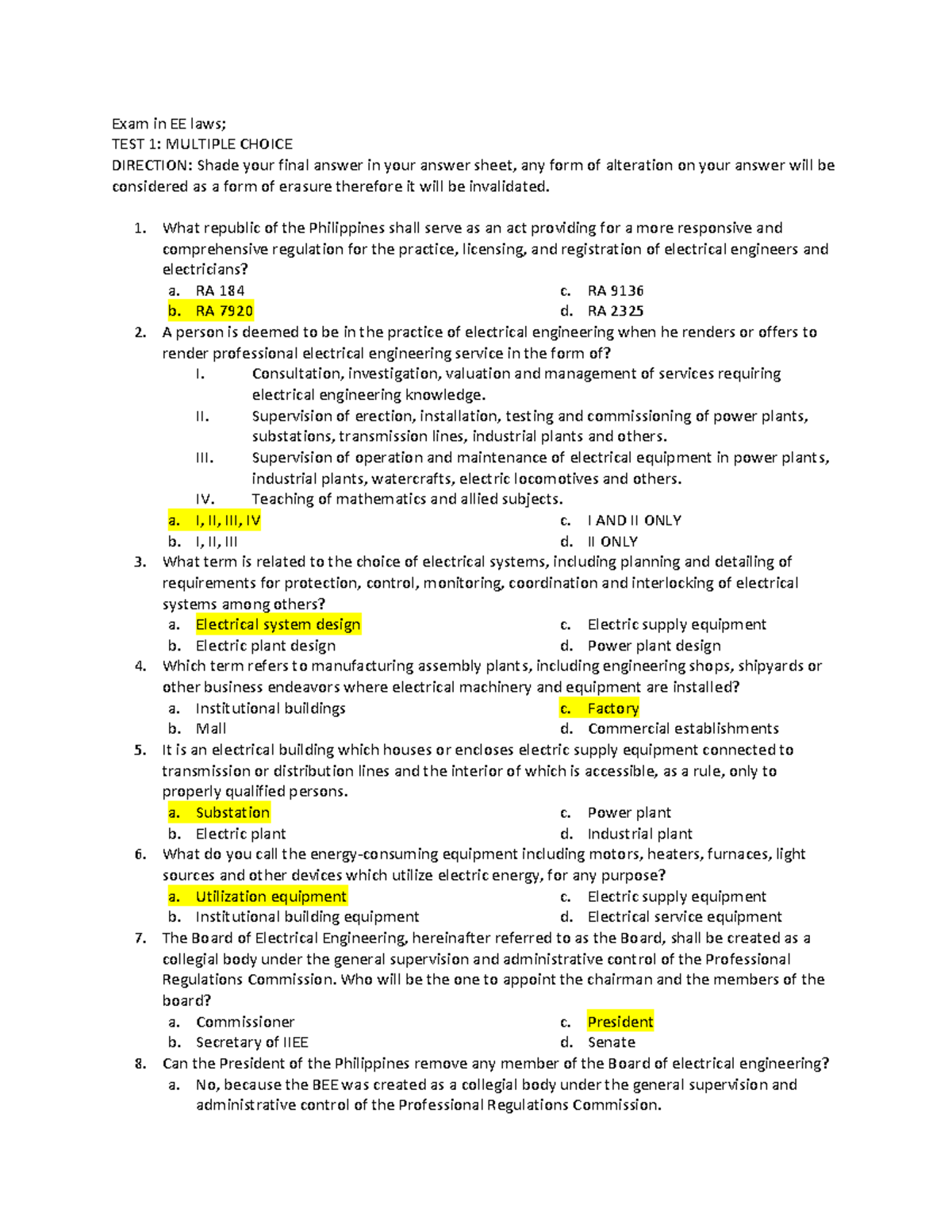 Acadownload - none - Exam in EE laws; TEST 1: MULTIPLE CHOICE DIRECTION ...