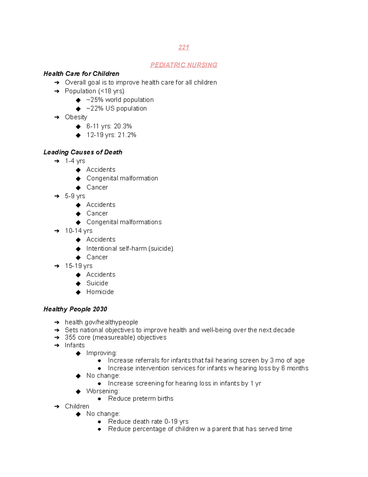 345 Exam 1 Notes - 221 PEDIATRIC NURSING Health Care for Children ...