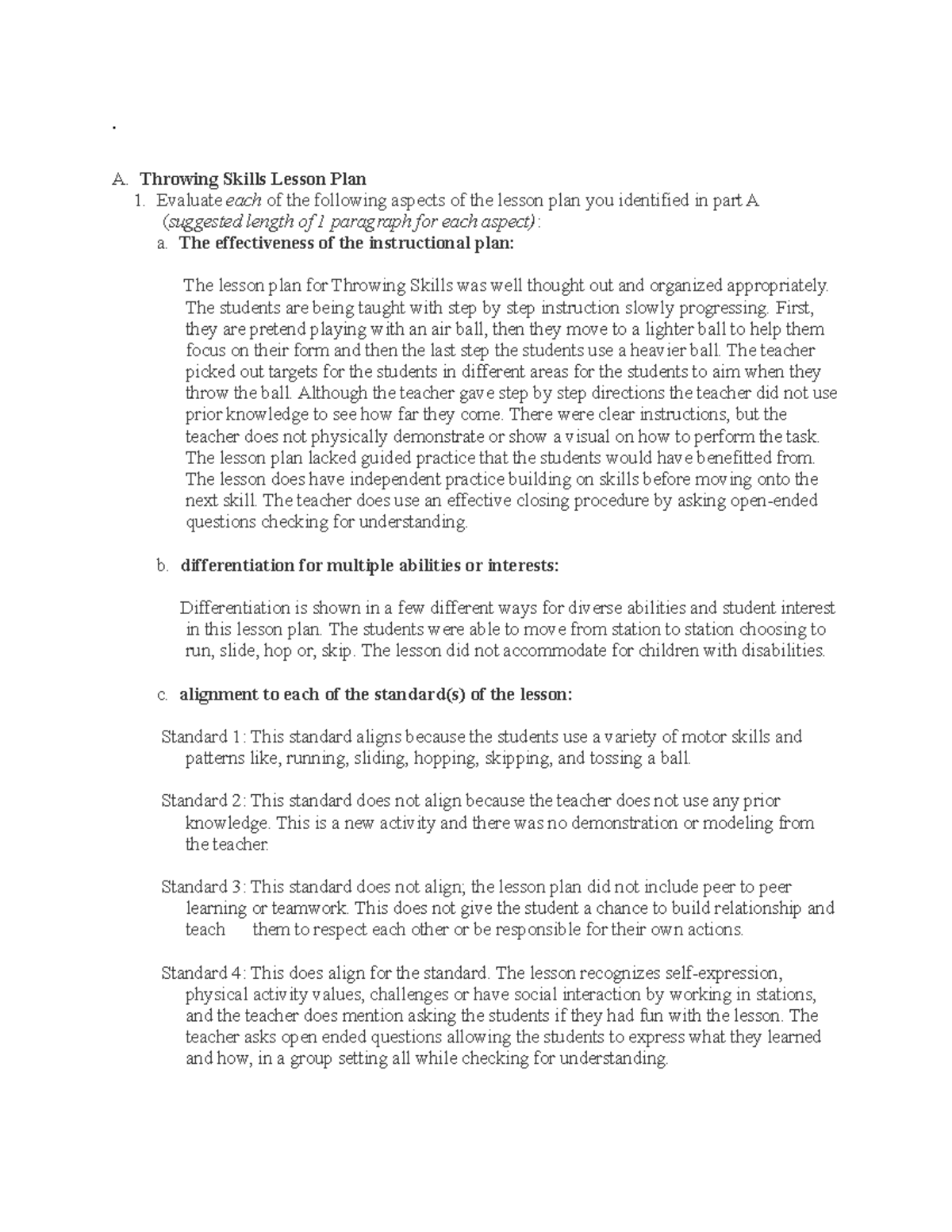 PE And Health Task Task 1 A Throwing Skills Lesson Plan 1