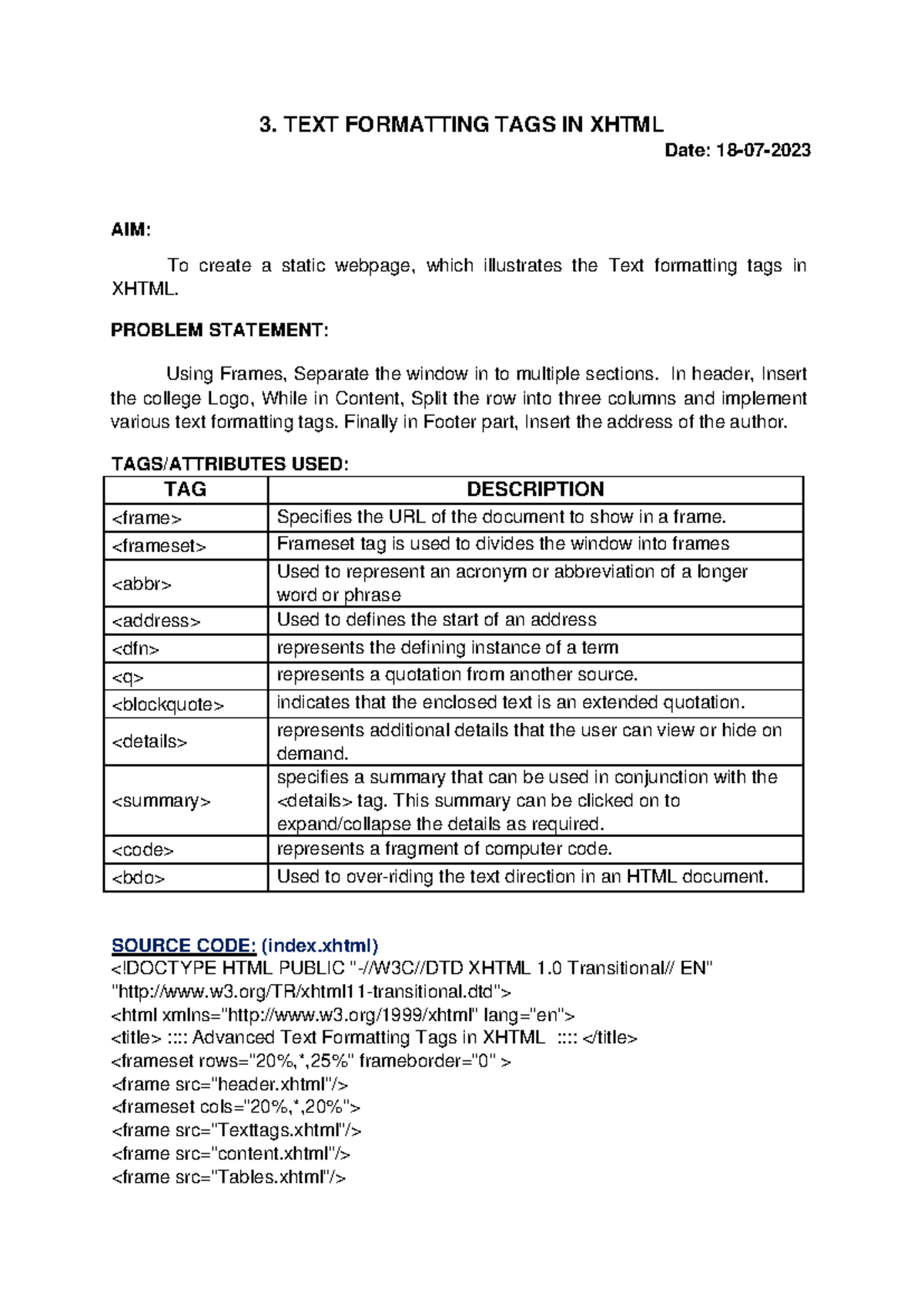 Third Exercisenew - 3. TEXT FORMATTING TAGS IN XHTML Date: 18 - 07 ...
