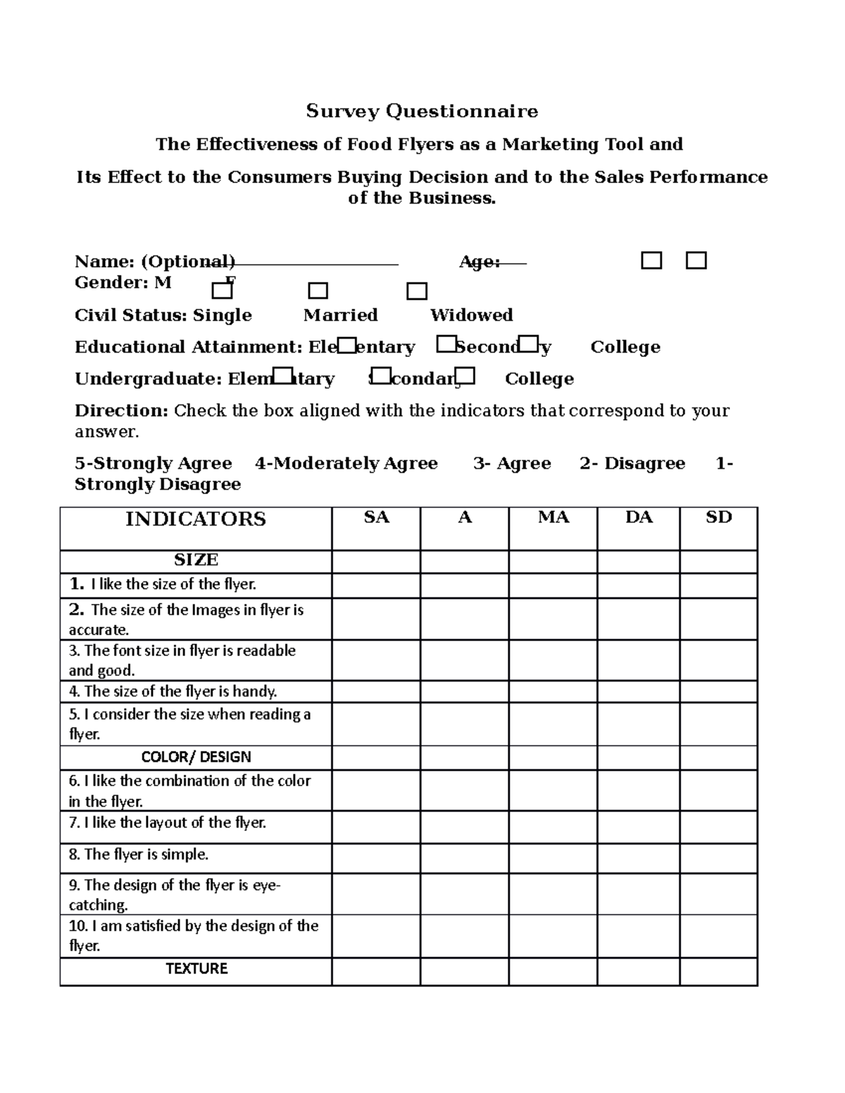 sample questionnaire for thesis