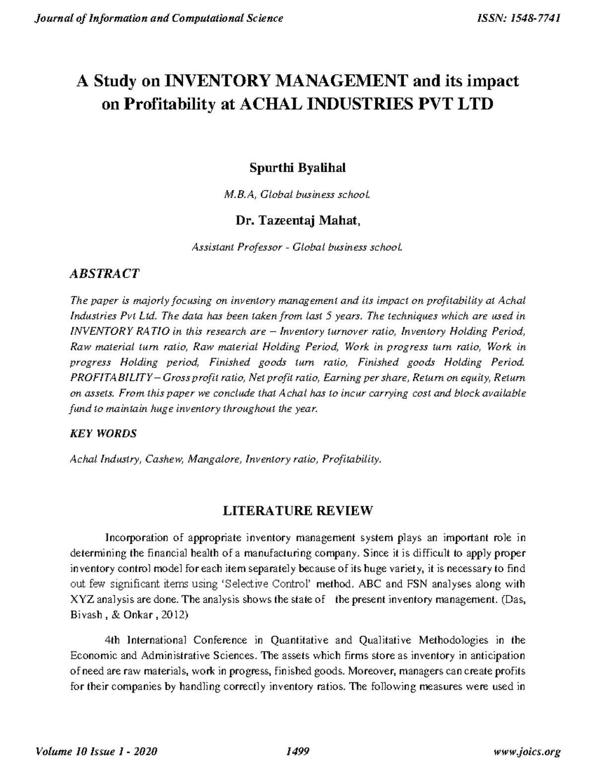 Ics-2195 - computer notes - A Study on INVENTORY MANAGEMENT and its ...