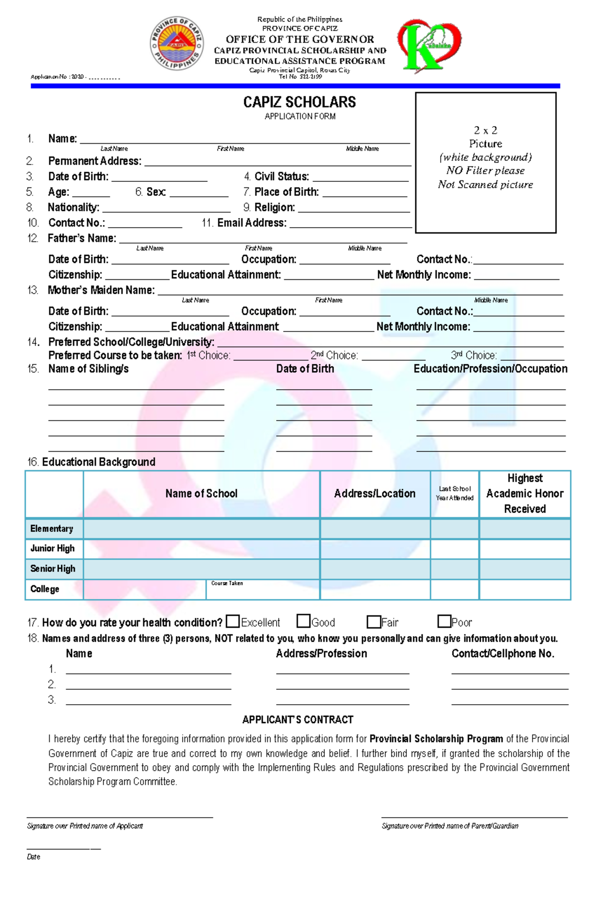 Scholarship application form 2020 - Republic of the Philippines ...