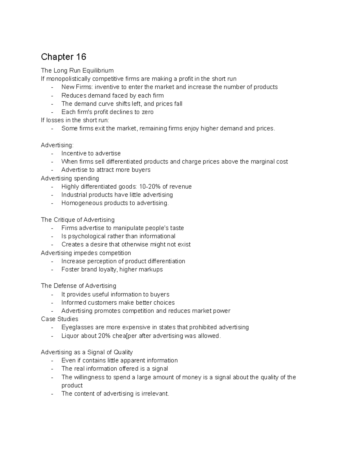 Econ 160 3 - Notes for micro econ - Chapter 16 The Long Run Equilibrium ...