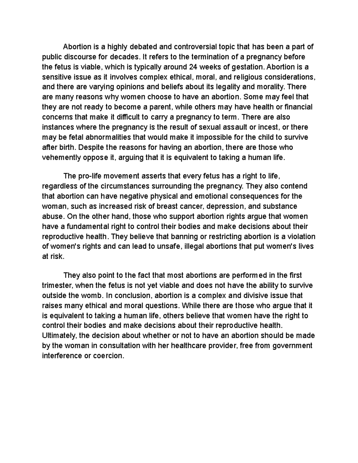 Studoc 10 - class essay - Abortion is a highly debated and ...
