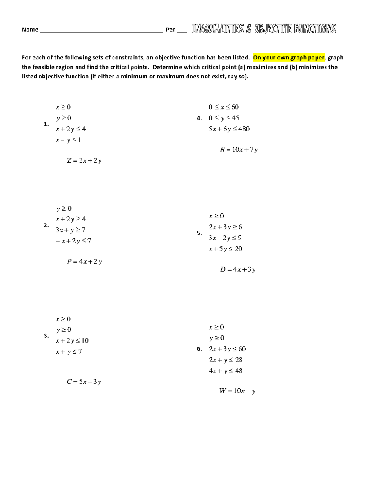 HW Objective Functions Graphing Inequalities - Name