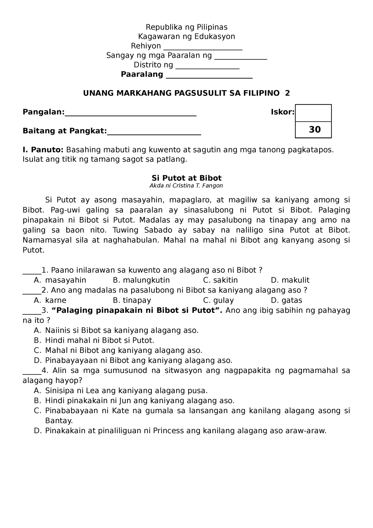 Filipino-1ST Quarter Examination - Republika Ng Pilipinas Kagawaran Ng ...