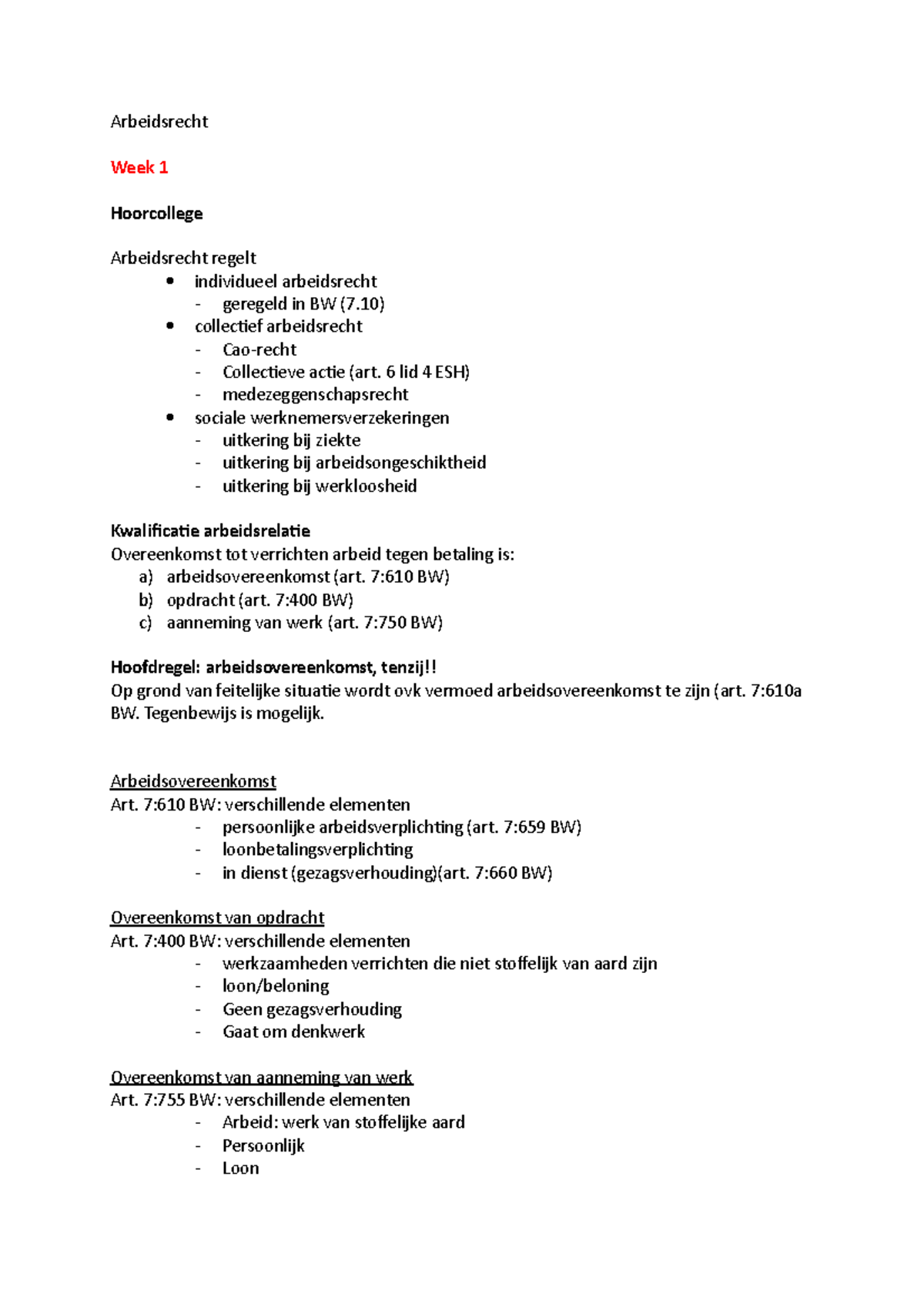 Arbeidsrecht 2021/2022 Aantekeningen - Arbeidsrecht Week 1 Hoorcollege ...