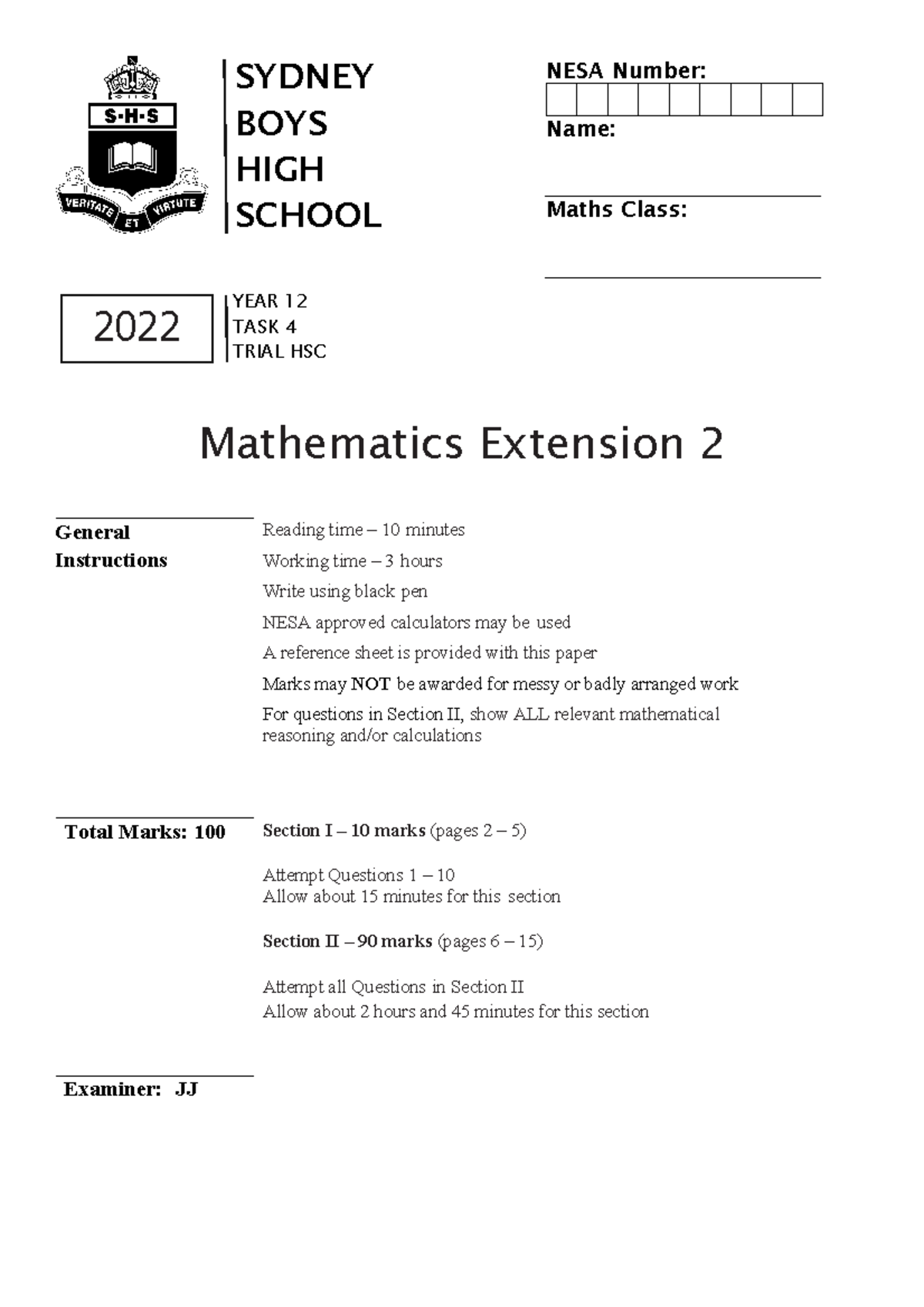 2022 Sydney Boys High School - X2 - Trial - Questions - ####### SYDNEY ...