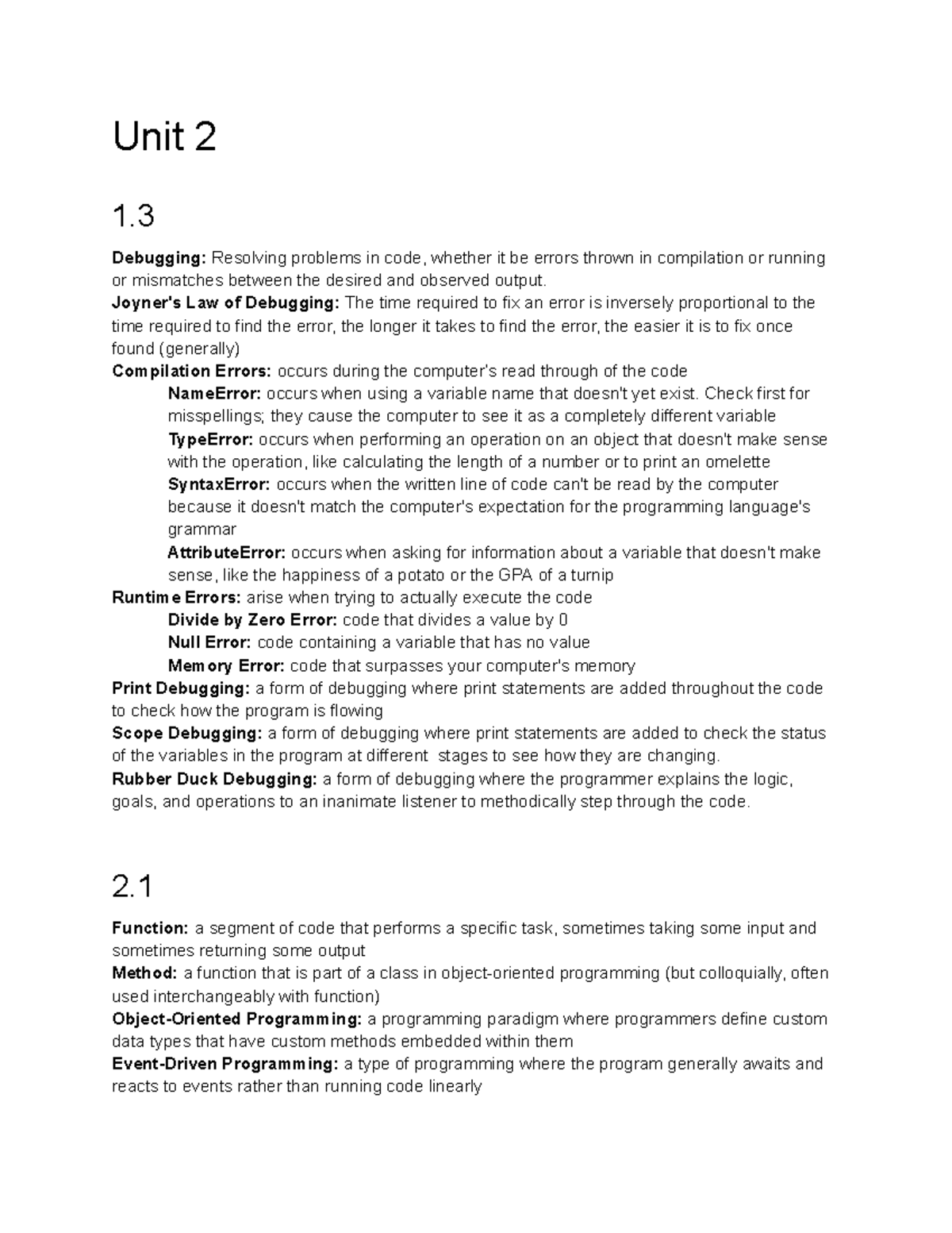 Python Notes - Chapters 1-3 - Unit 2 1. Debugging: Resolving problems ...