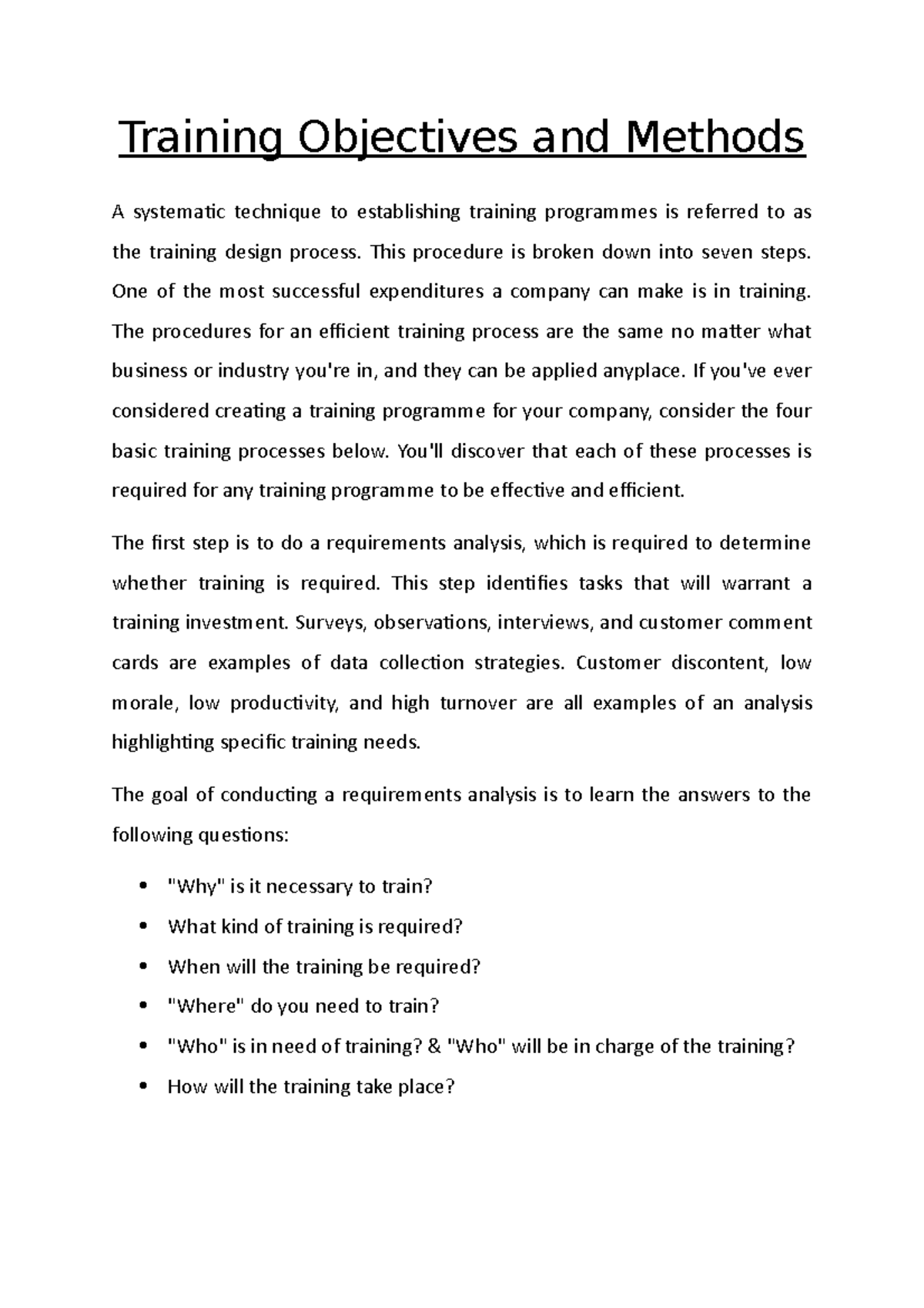 Training Objectives and Methods This procedure is broken down into