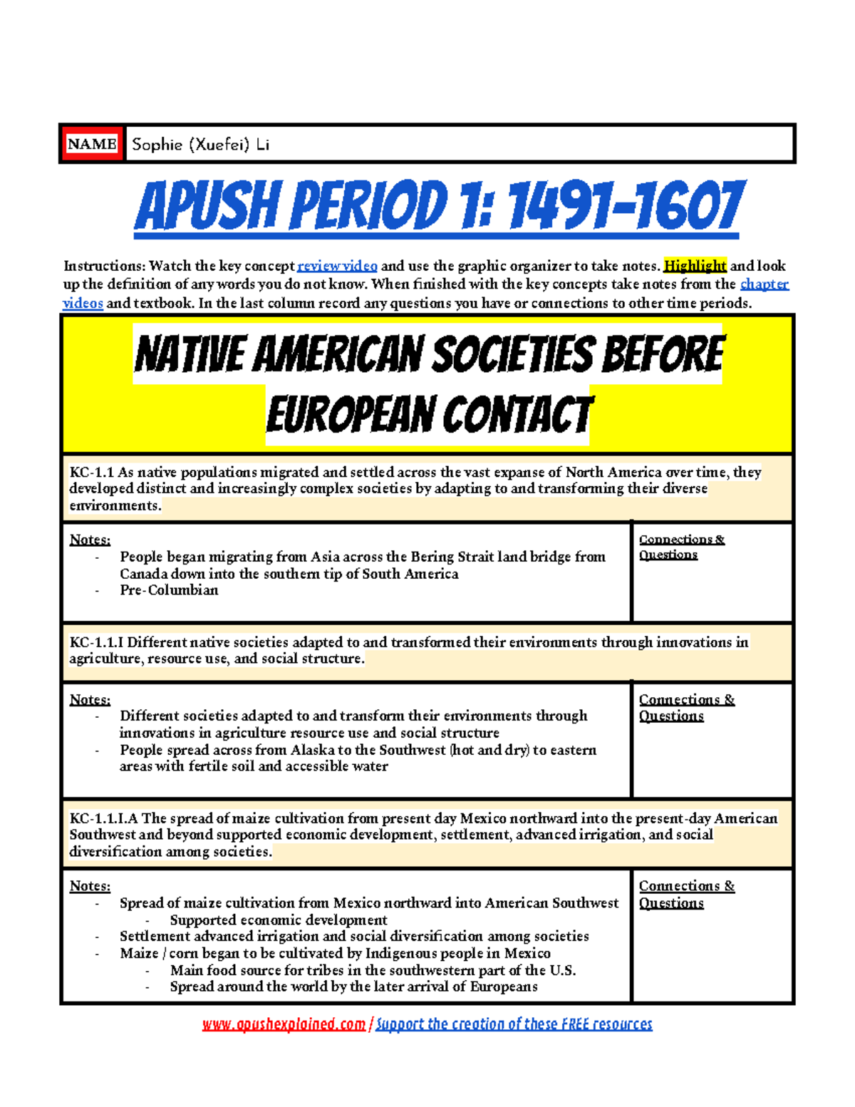 APUSH Period 1 Key Concept Notes - NAME Sophie (Xuefei) Li APUSH PERIOD ...