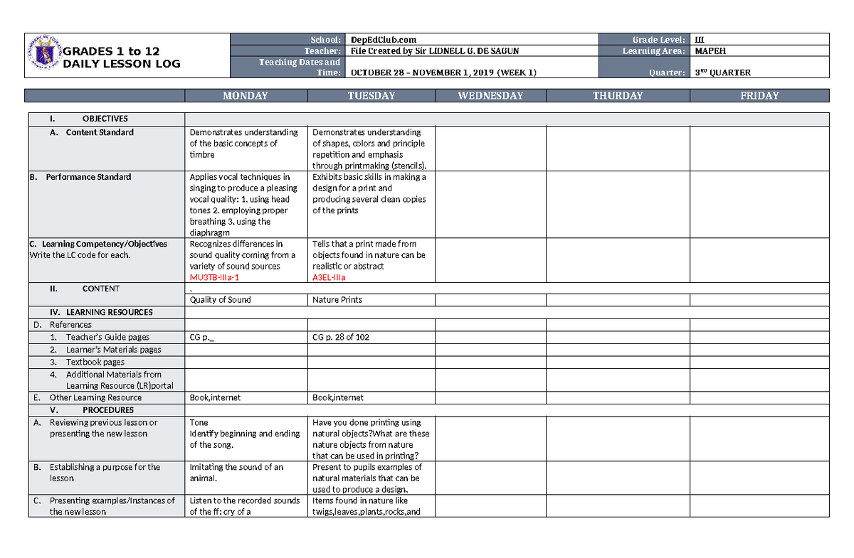 DLL Mapeh 3 Q3 W1 - DLL - GRADES 1 to 12 DAILY LESSON LOG School ...