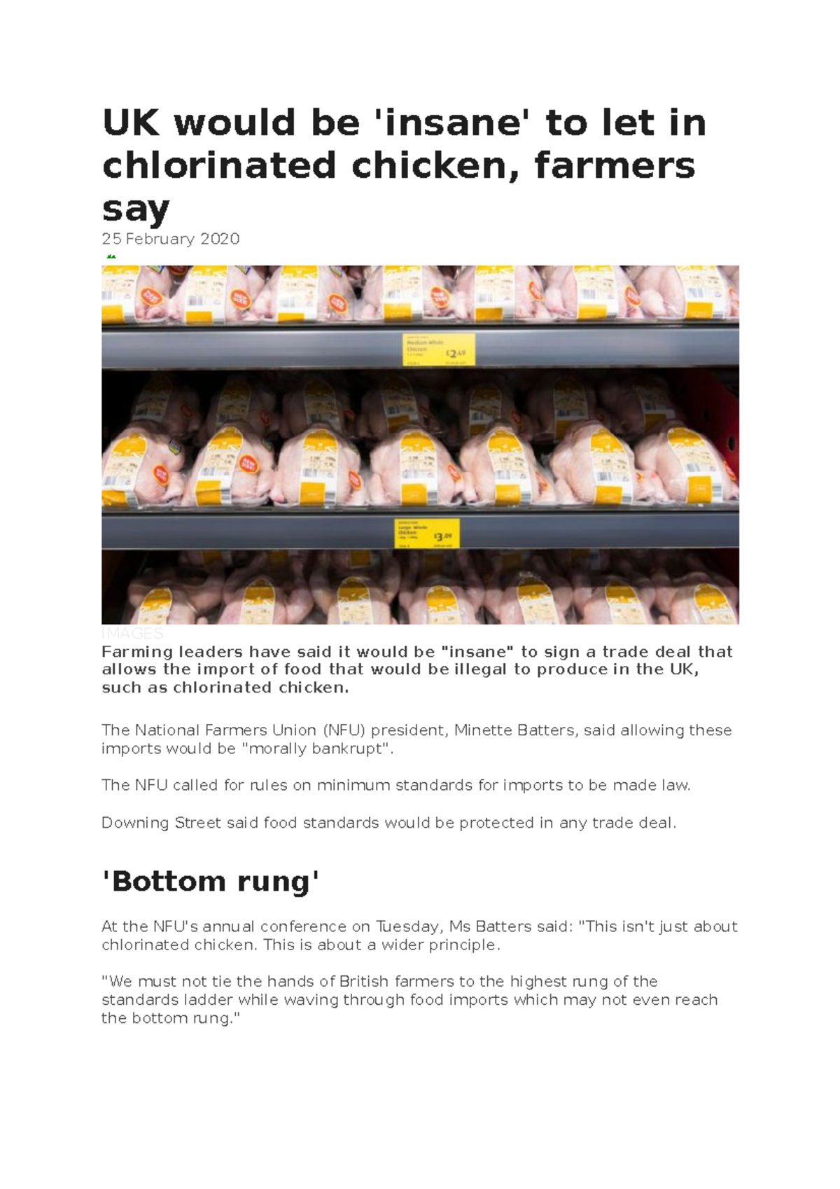 Chlorinated chicken The National Farmers Union (NFU) president