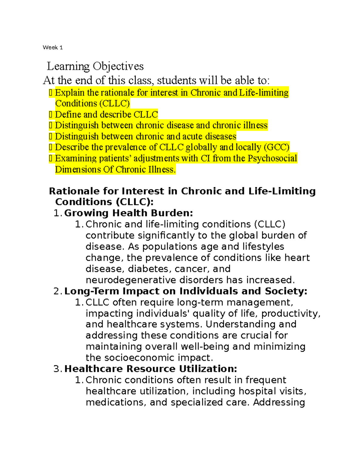 Week 1- chronic - Week 1 Learning Objectives At the end of this class ...