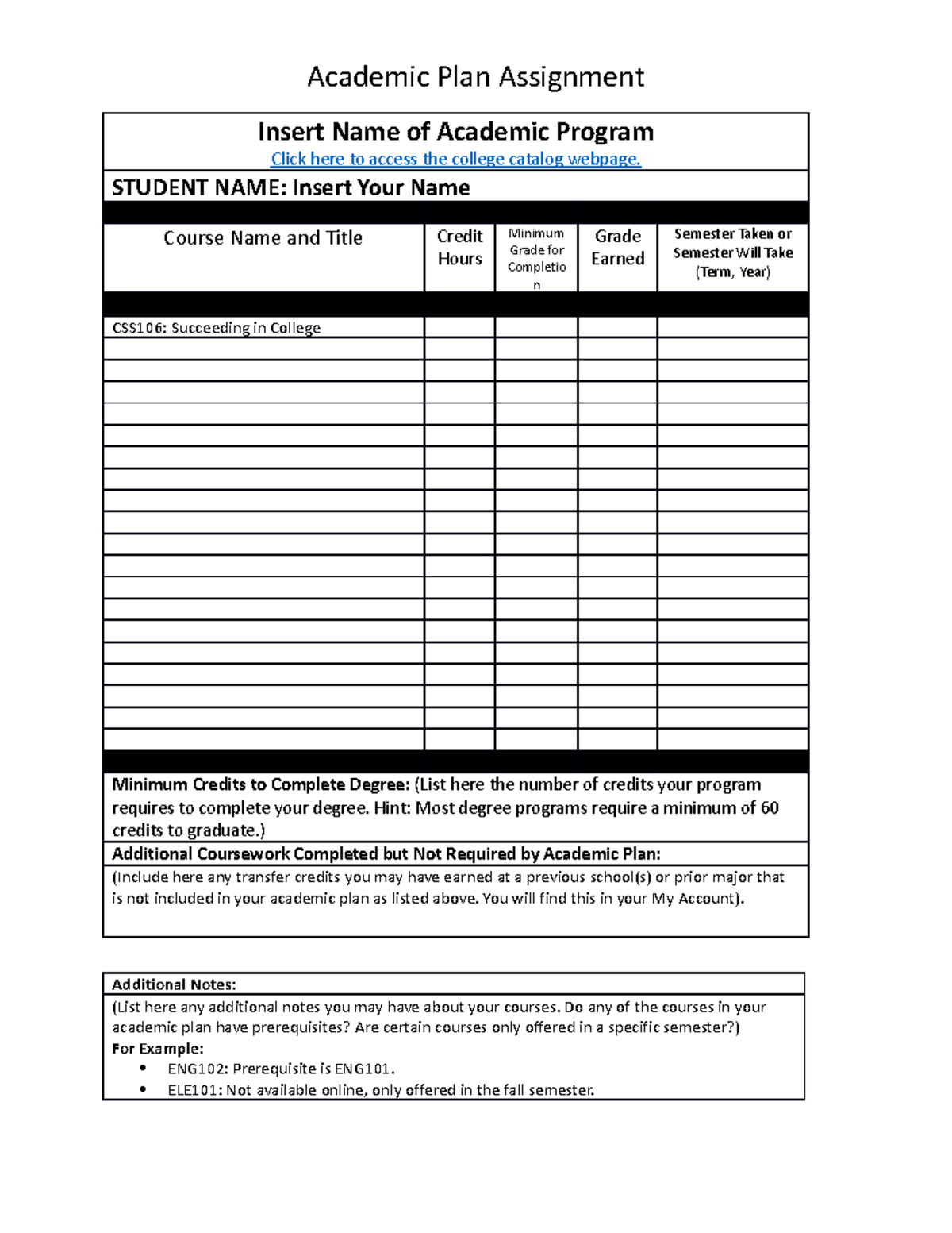 academic plan assignment