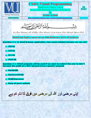 CS411 Midterm Solved MCQS By Junaid - CS411- VISUAL PROGRAMMING (SOLVED ...