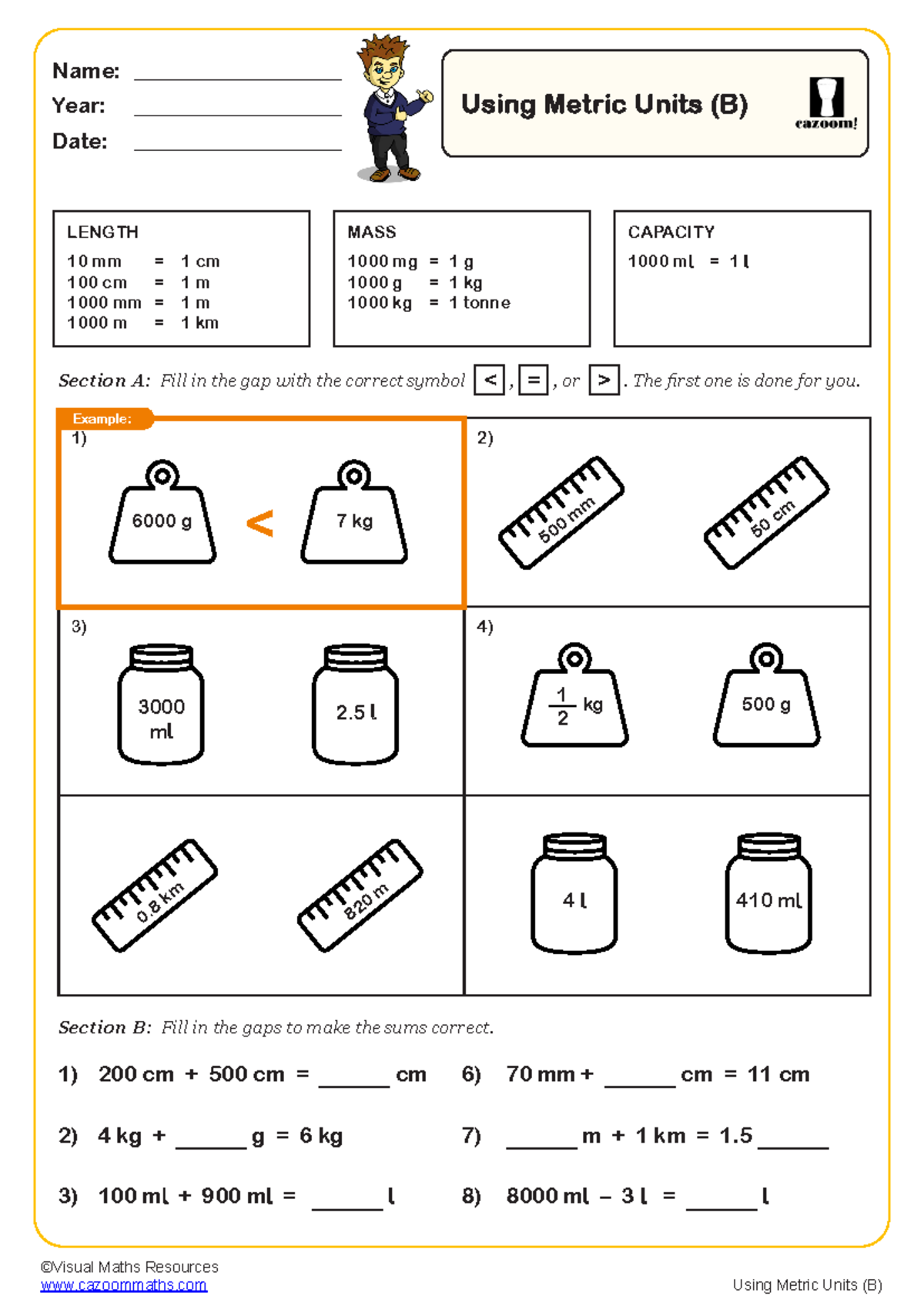 Year 3 Maths Worksheets. Using Metric Units (B) - ©Visual Maths ...