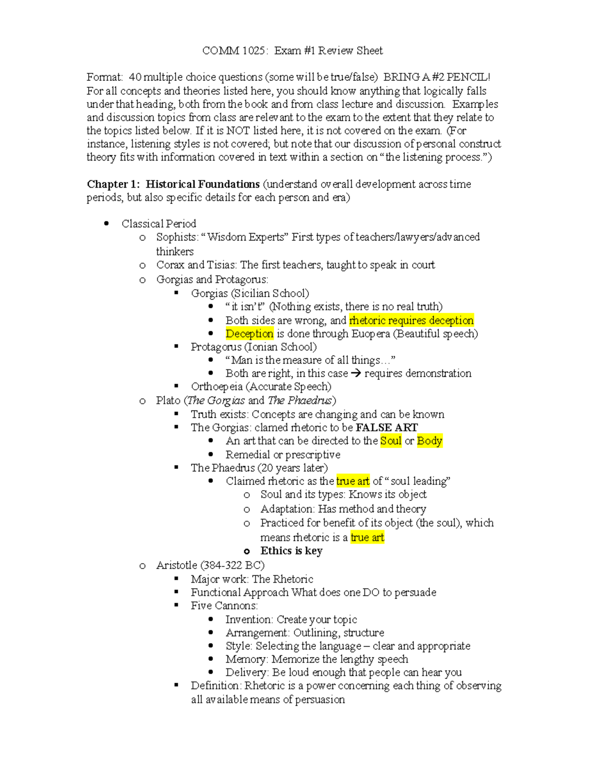 Comm Exam 1 Review Guide - COMM 1025: Exam Review Sheet Format: 40 ...