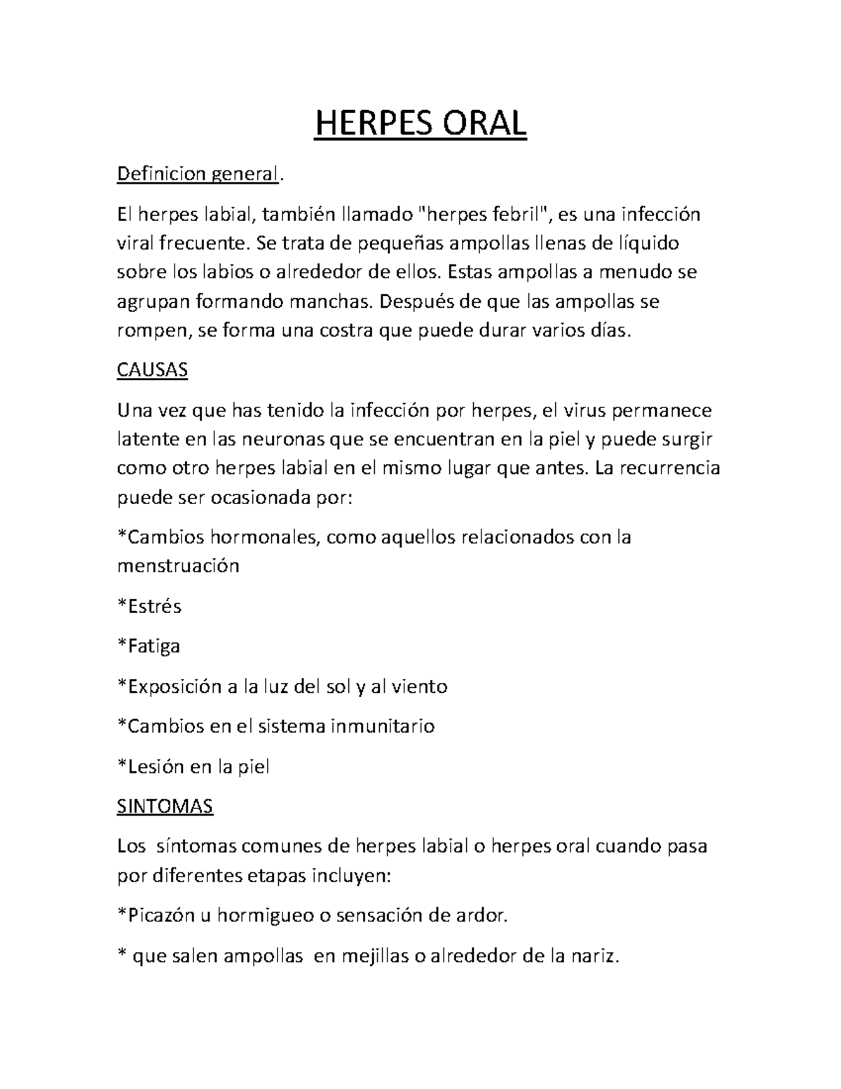 Herpes ORAL (Autoguardado) HERPES ORAL Definicion general. El herpes