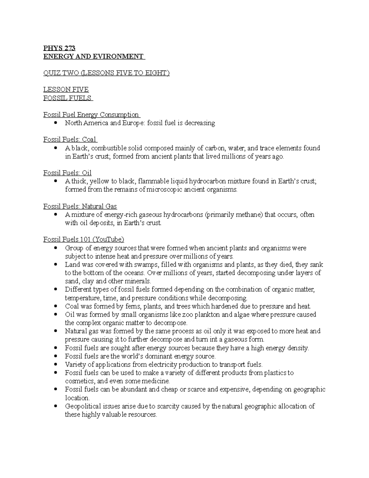 PHYS 273 (QUIZ TWO Notes) - PHYS 273 ENERGY AND EVIRONMENT QUIZ TWO ...