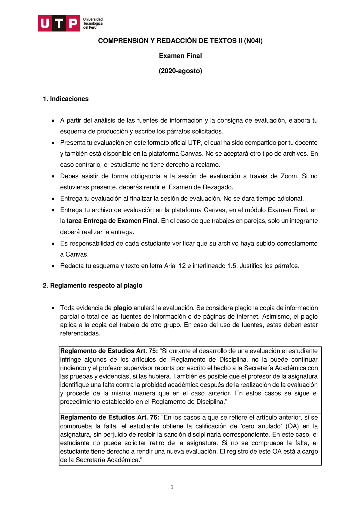 Comprensión Y Redacción DE Textos 2 Examen Final Formato UTP2 ...