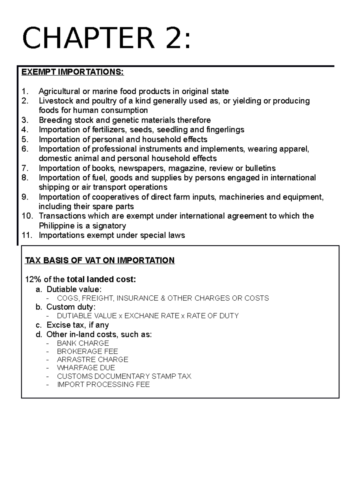Chapter 2 TAX SUMMARY CHAPTER 2 EXEMPT IMPORTATIONS Agricultural or marine food products