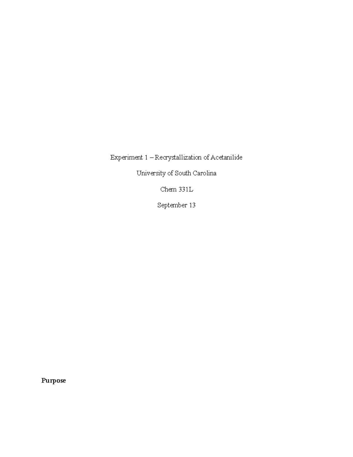 Experiment 1 Pre-lab - Lab Report For Chem331l - Experiment 1 