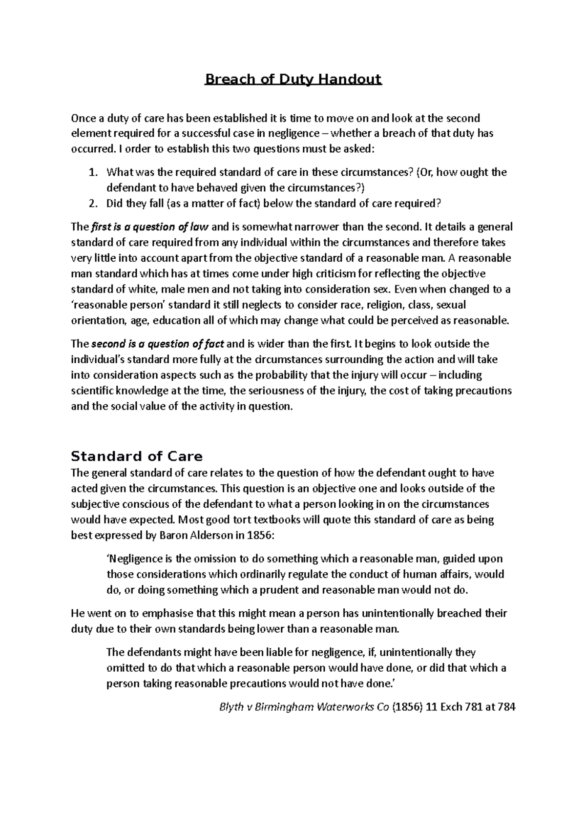 Breach of Duty Handout - This will help students understand Tort 1 ...