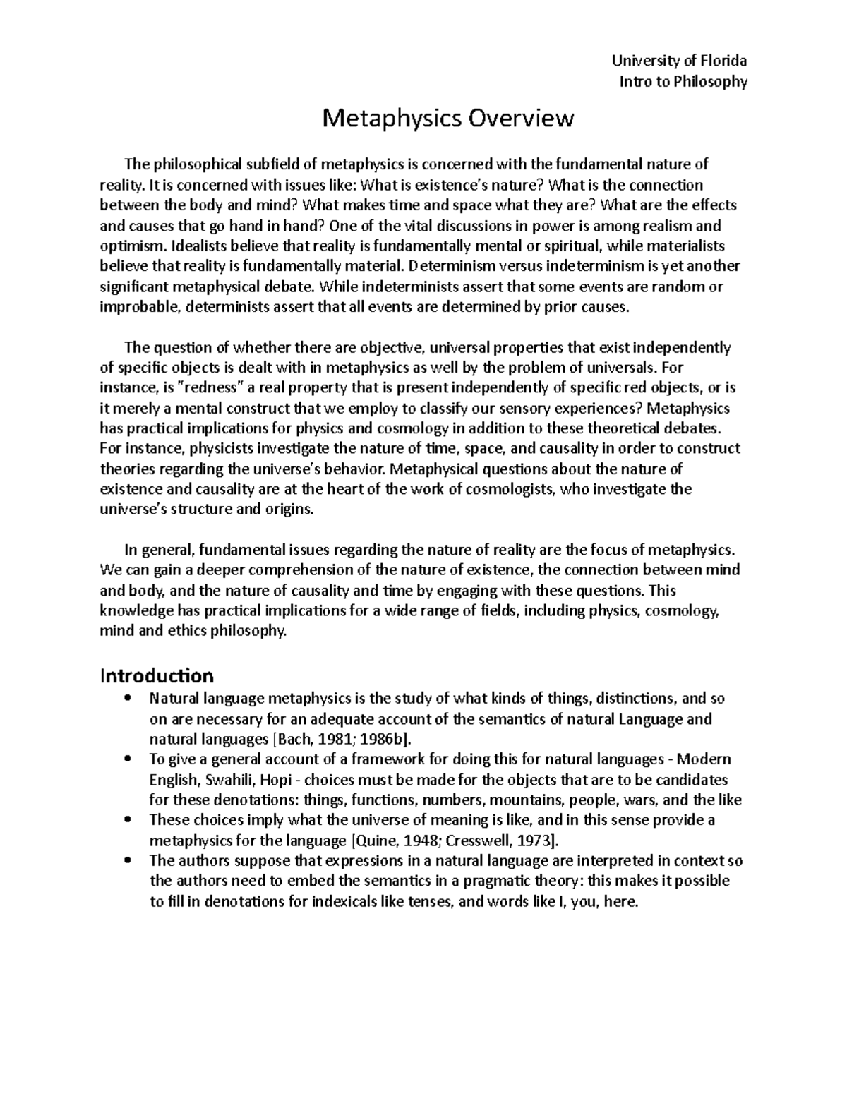 Metaphysics Overview This was an assignment where we had to research