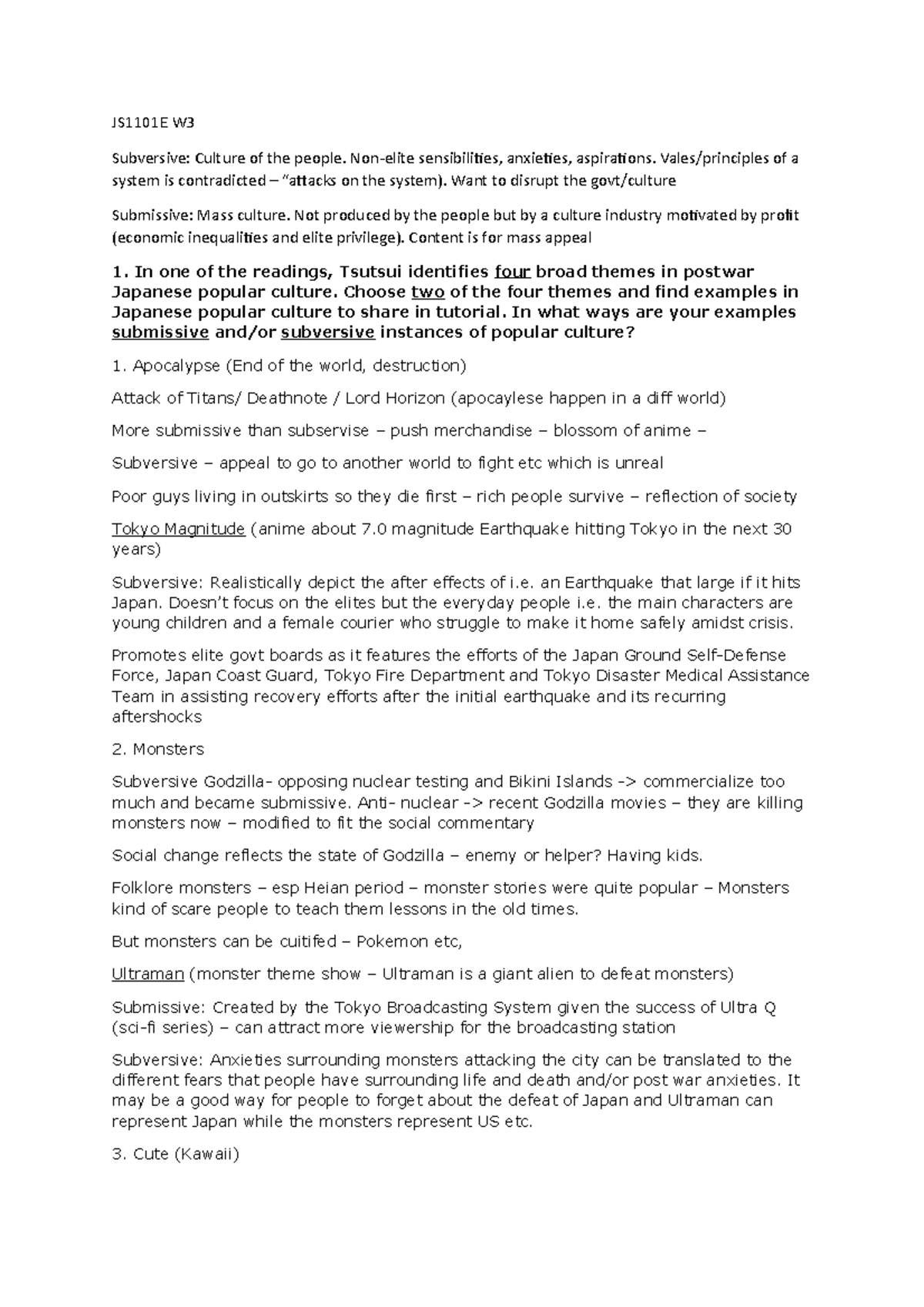 JS1101E Tutorial 2 - JS1101E W Subversive: Culture of the people. Non ...