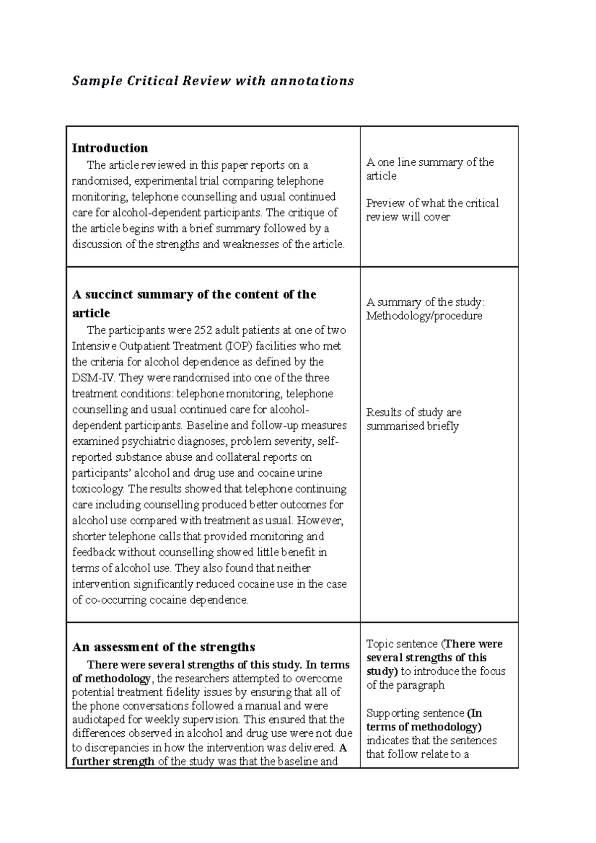 Example Critical Review With Annotations Sample Critical Review With 