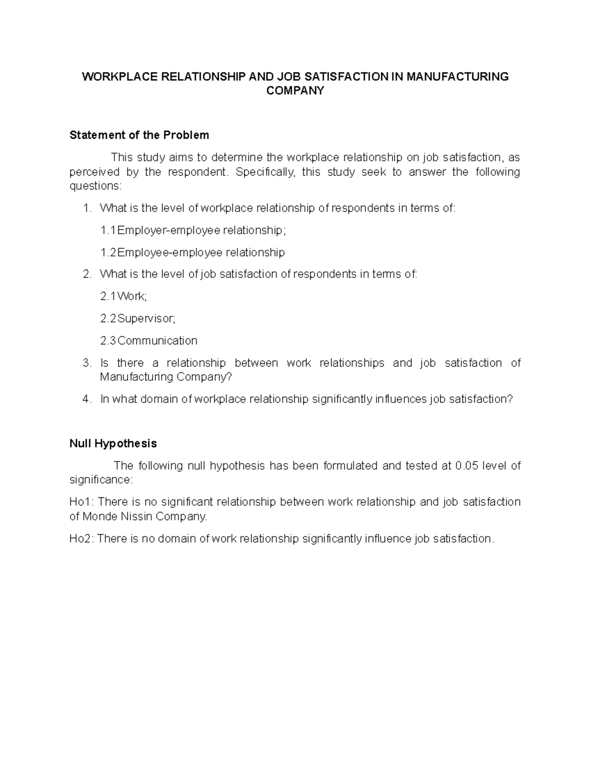 Group 8 SOP - Workplace relationship and job satisfaction - WORKPLACE ...