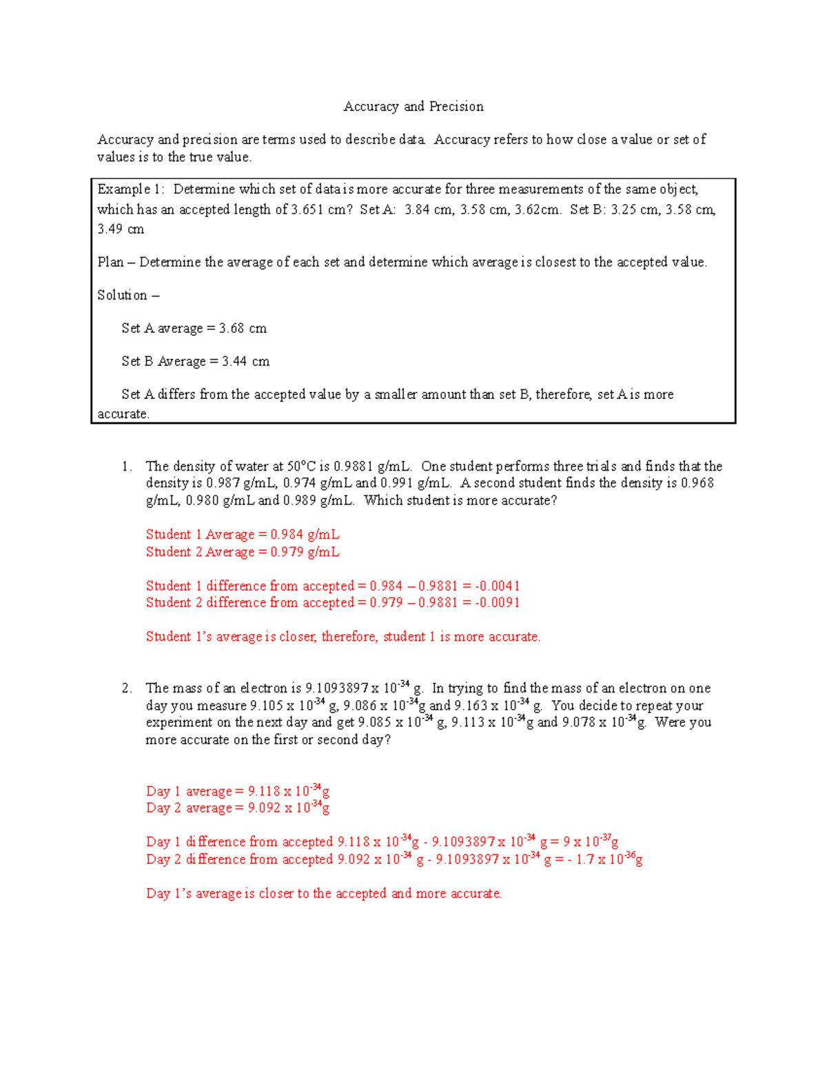 Chapter 1 Exercises Key Accuracy And Precision Accuracy And Precision
