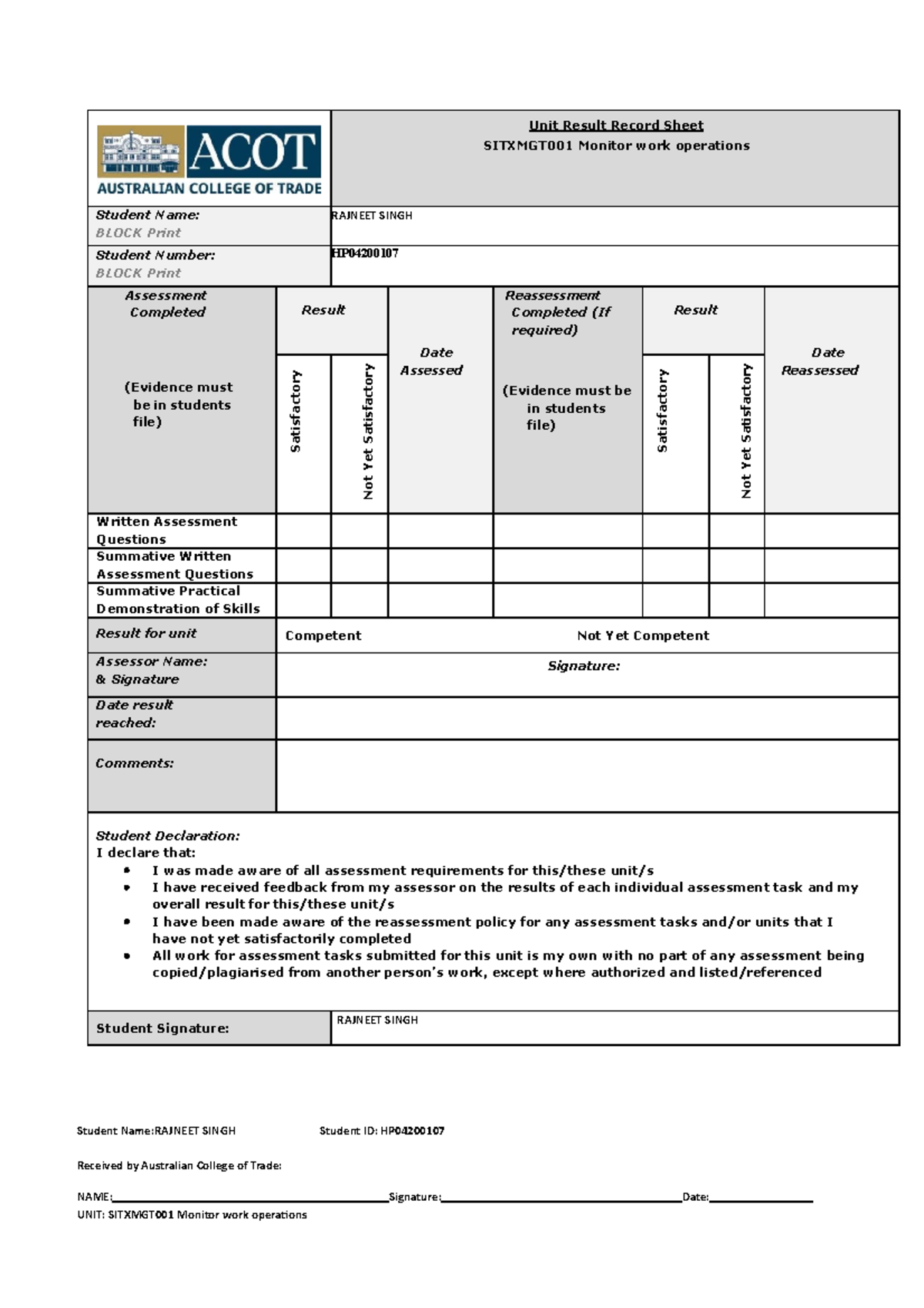 Sitxmgt 001 2 - Unit Result Record Sheet SITXMGT001 Monitor work ...