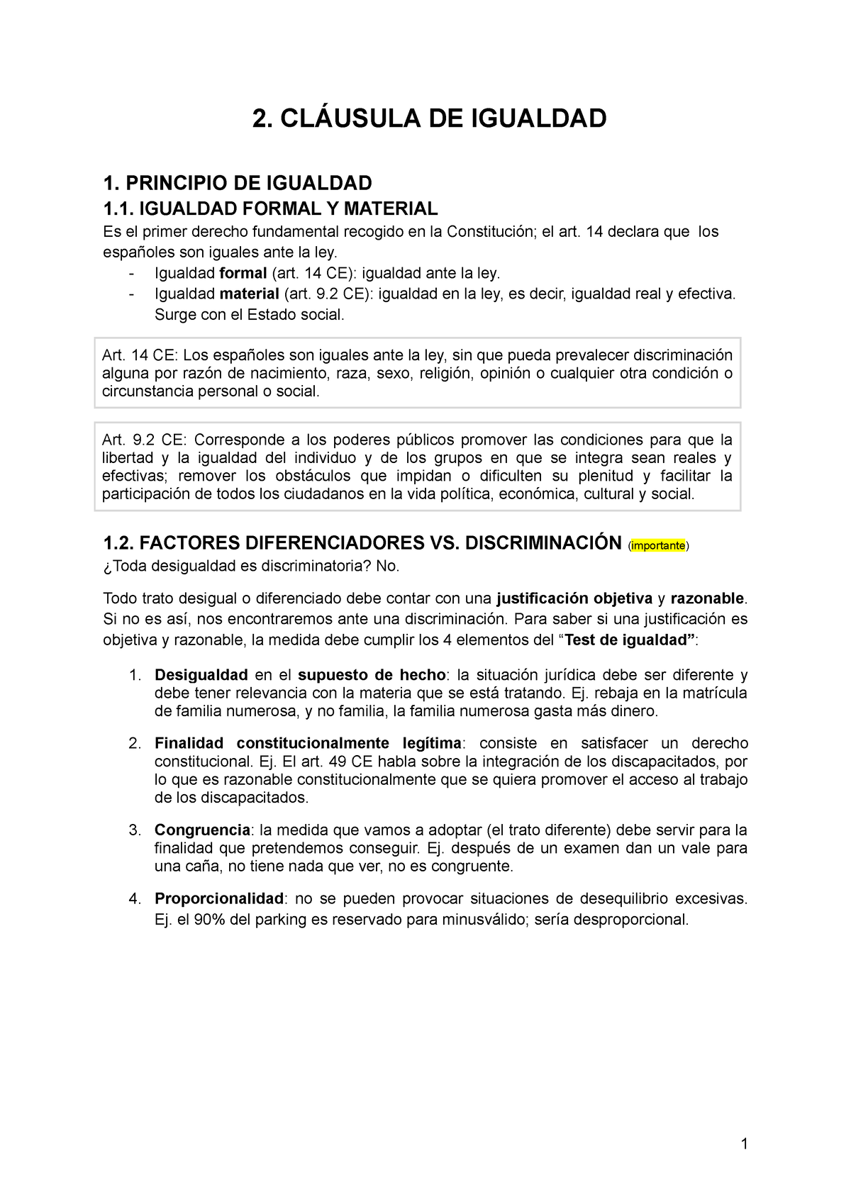 2. Cláusula De Igualdad - 2. CLÁUSULA DE IGUALDAD 1. PRINCIPIO DE ...